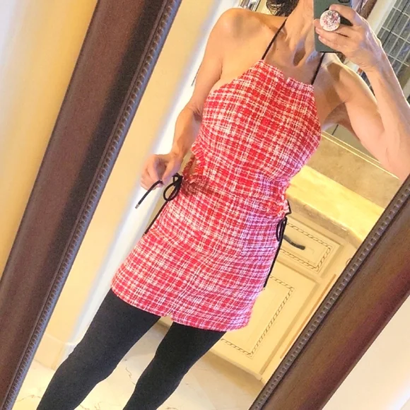 Self-Portrait Red & White Plaid Sleeveless Halter Mini Dress, Sz 0 - Picture 13 of 17